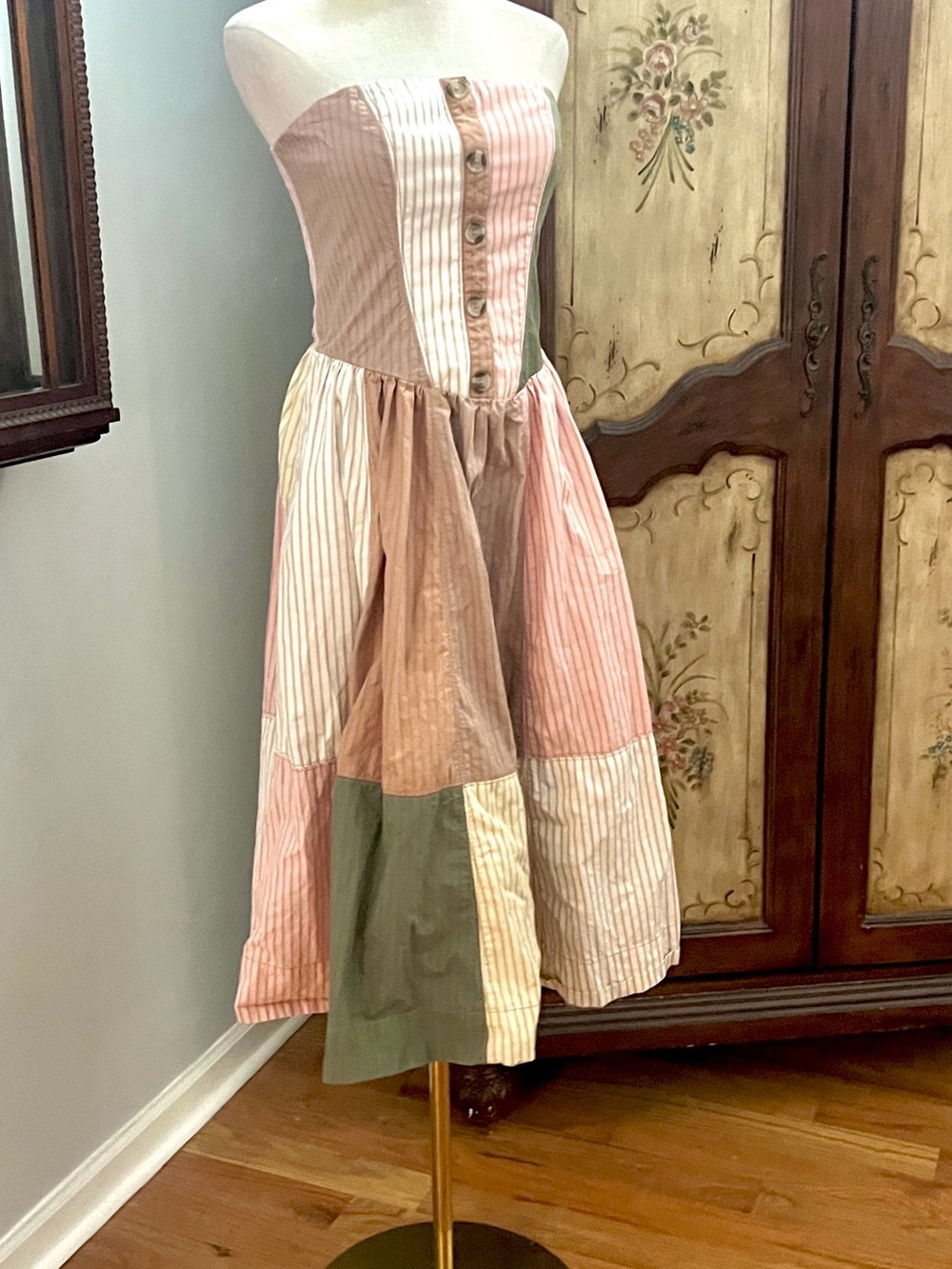 Maeve Strapless Patchwork Midi Dress in Pink, Beige & Olive - Picture 4 of 14